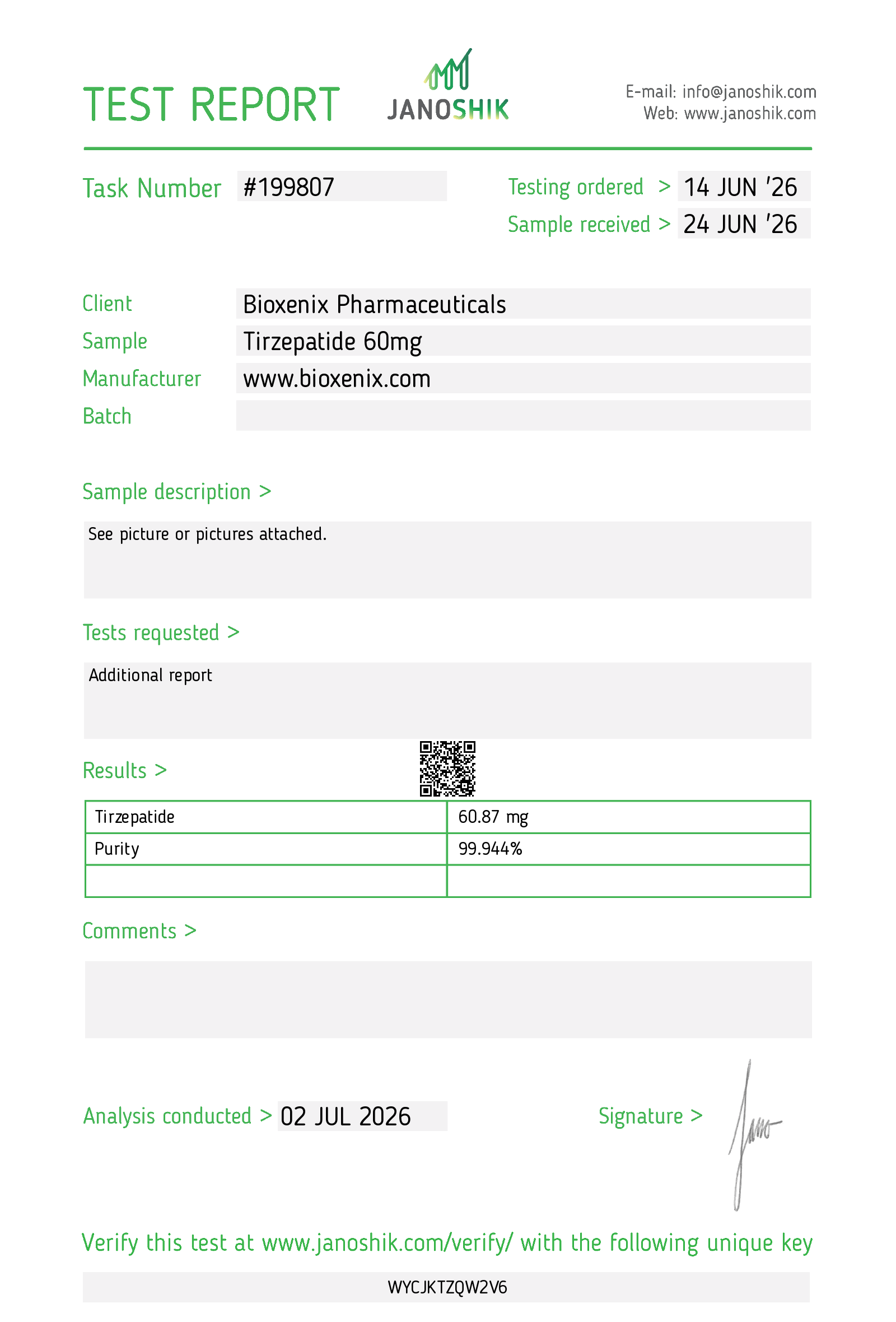 Tirzepatide 60mg Test Report #199807 Tirzepatide 60mg Test Report #199807